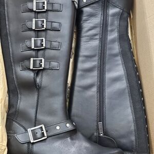Harley Davidson Black Leather Knee-High Boots with Buckles